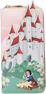 Loungefly Disney Snow White Castle Scene Zip Around Wallet front view featuring meadow applique