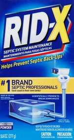 Rid-X septic tank treatment powder packaging back view with instructions