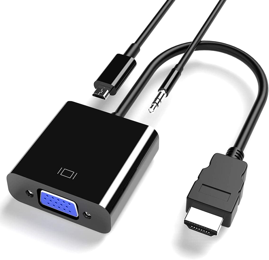 Cuxnoo HDMI to VGA adapter front view showing matte black casing and gold plated connectors.