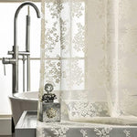 Luxury farmhouse style bathroom setup showcasing the sheer light beige lace curtain hanging on a rod