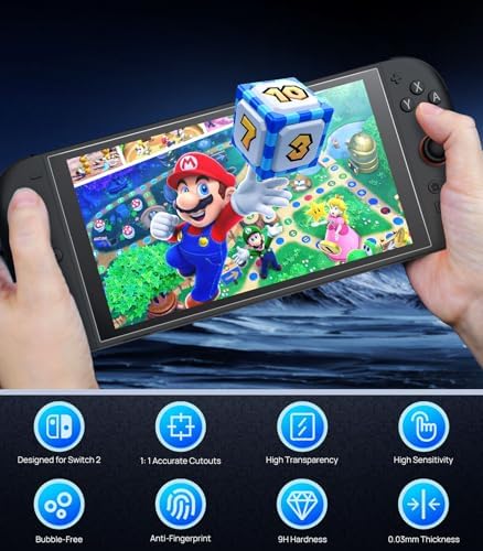 Tempered glass shield being aligned onto a 7.9 inch handheld console screen.