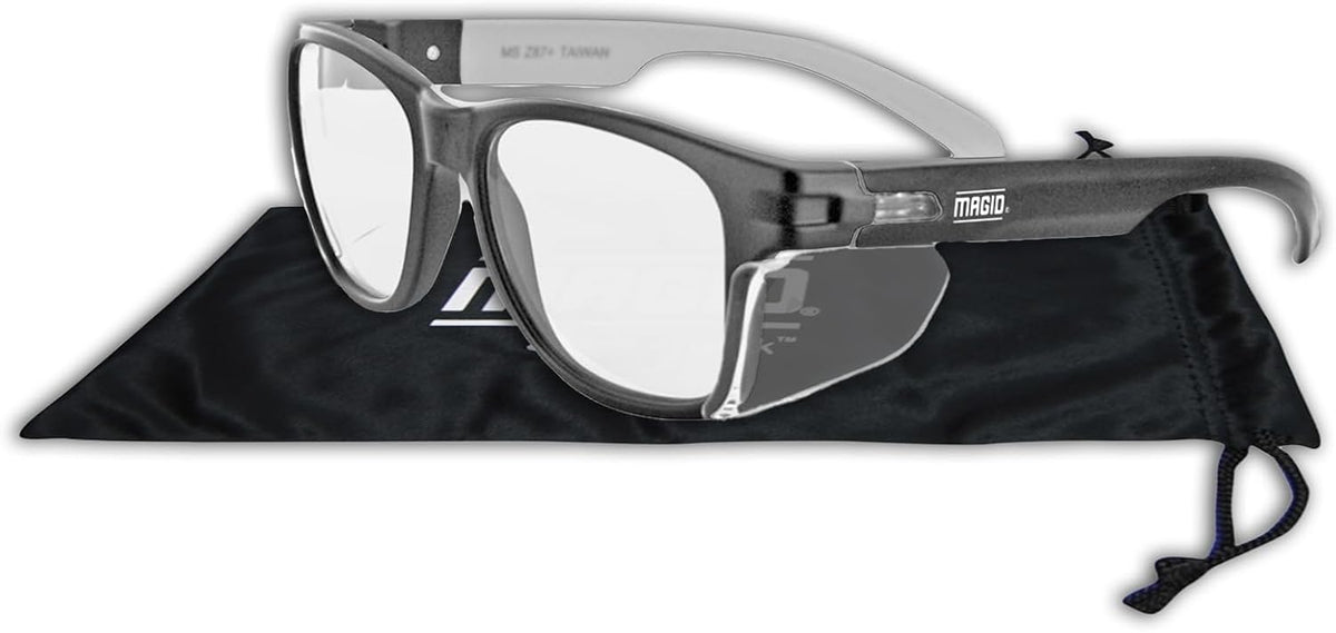 Magid safety glasses black frame close-up on temple pads