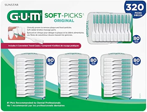 Close up of GUM dental picks showing soft rubber bristles for plaque removal.