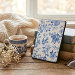 Close up view of Niverce Kindle skin vintage blue floral texture