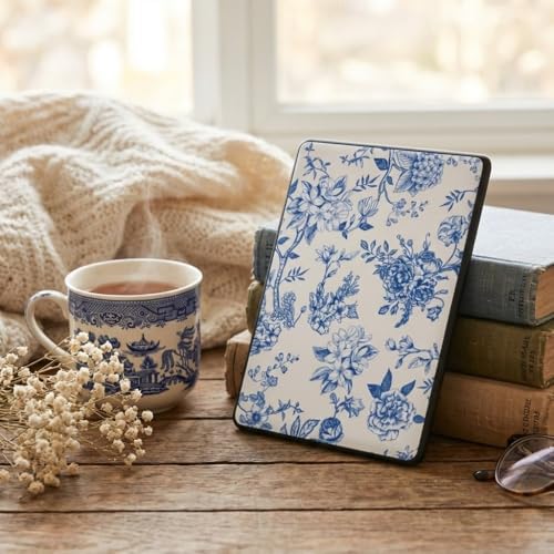 Close up view of Niverce Kindle skin vintage blue floral texture