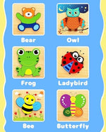 Eco friendly animal shape recognition toy set featuring owl and frog boards.