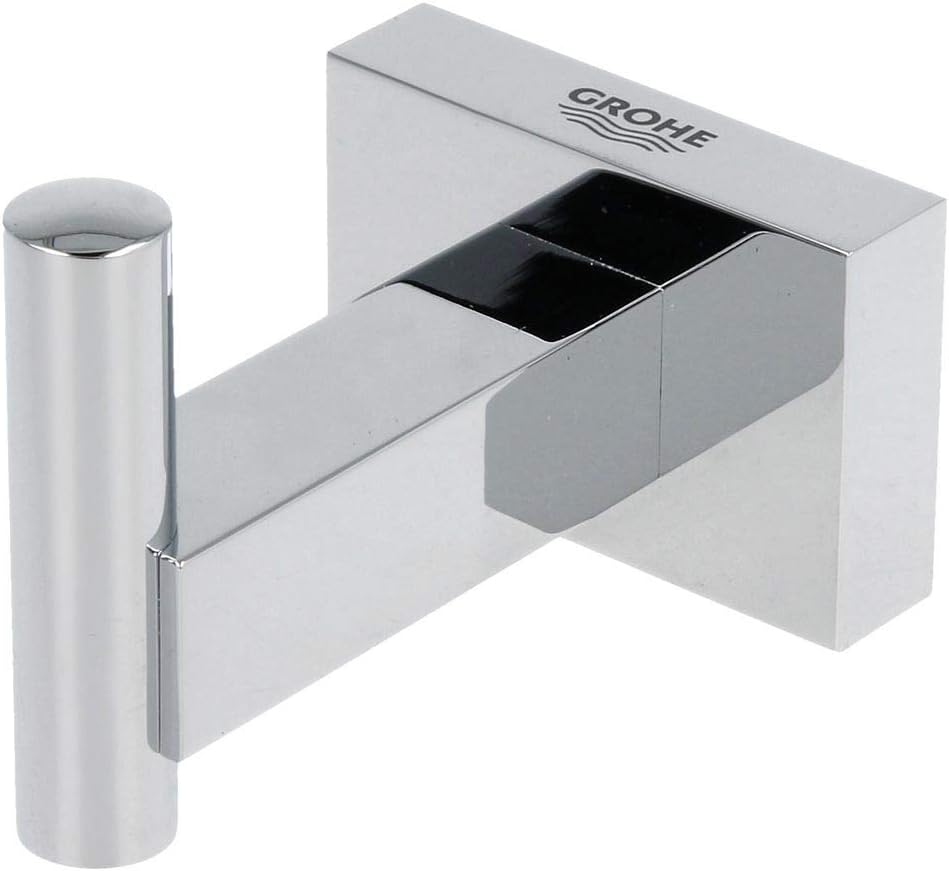 Grohe Essentials Cube Robe Hook close up of chrome finish
