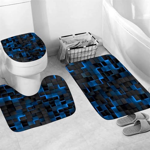 Premium polyester 3D cube printed shower curtain with matching toilet lid cover.