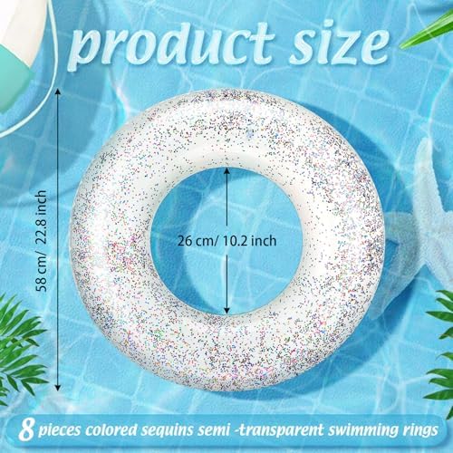 Set of eight clear Wettarn swim tubes filled with colorful shimmering confetti for summer pool parties.