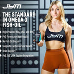 Side view of Omega JYM 120 softgels packaging detailing instructions for brain heart and joint support.