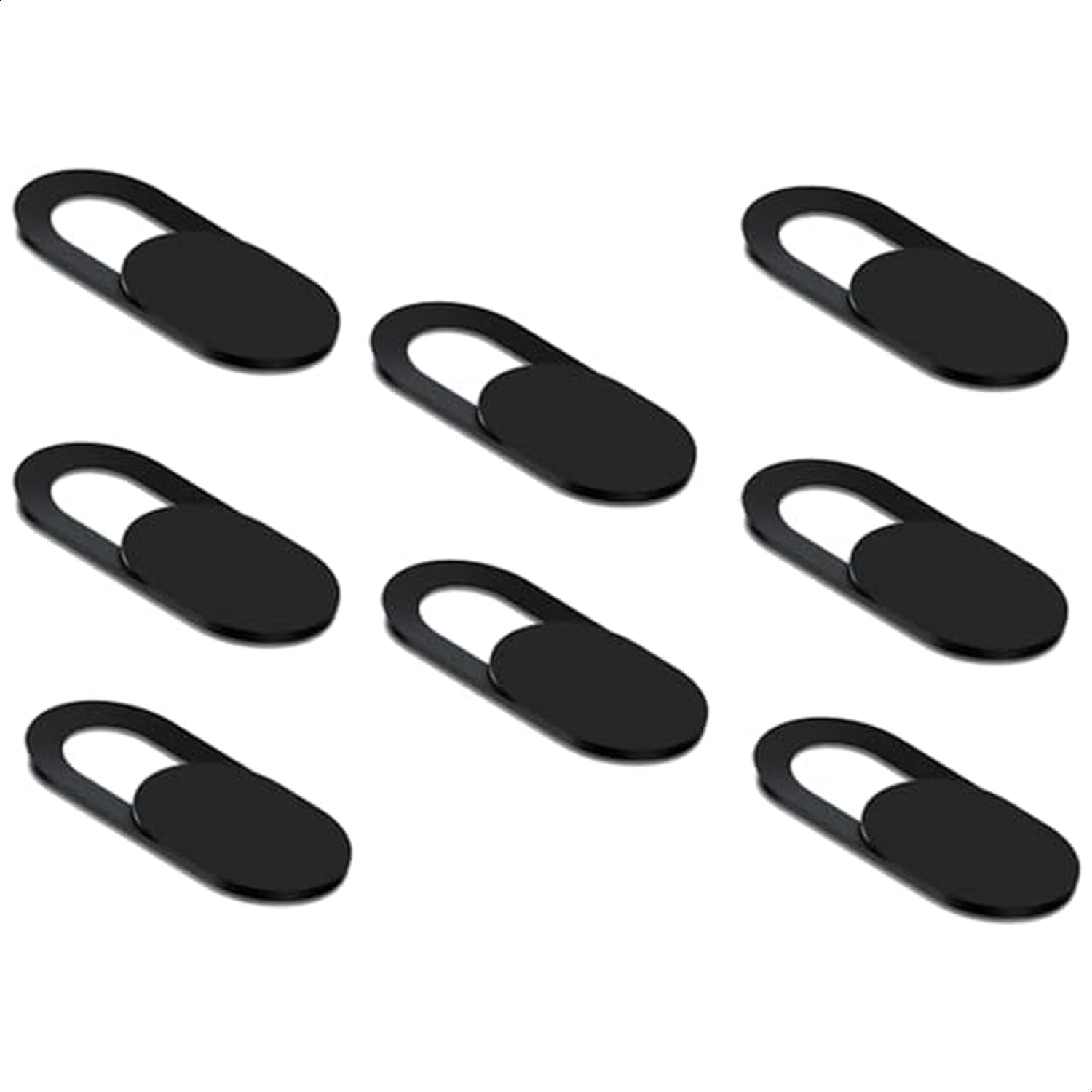California JOS webcam cover eight pack front view showing ultra thin black plastic sliders for privacy protection
