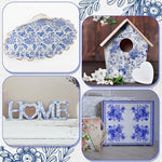 Close up of blue and white floral patterned decoupage napkin
