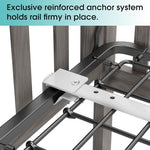 NUTIKAS child safety bed rail in folded down position alongside a styled toddler bed setup.
