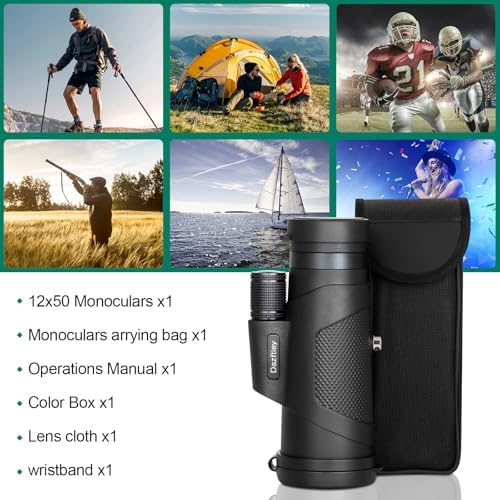 Dazftiey high definition monocular telescope resting next to its protective carrying pouch illustrating its travel friendly size
