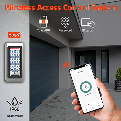 AMOCAM digital standalone security keypad installed outdoor on a concrete garage wall setup.