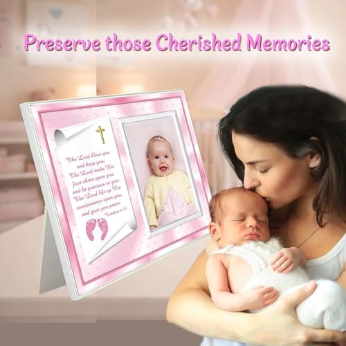 Expressly Yours baby girl baptism keepsake frame displayed on a nursery dresser using the built-in easel backing.