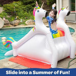 Full set up of the inflatable unicorn slide in a backyard swimming pool.