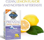 Side angle view of Garden of Life Minami Prenatal 60 softgels container highlighting lemon flavor text