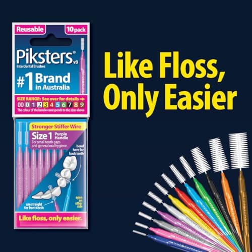 Piksters interdental toothbrushes arrayed outside packaging highlighting the diverse sizes for tight and wide gaps.