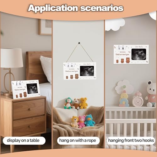Expecting parents updating the weekly countdown cards on the DACO MIN pregnancy announcement frame.