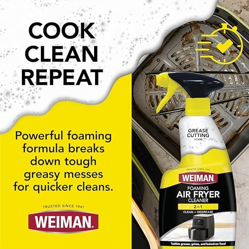 Foaming air fryer cleaner spray applied to ceramic non stick basket