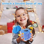 Blue plastic money saving bank cube with metal ball inside the intricate maze paths.