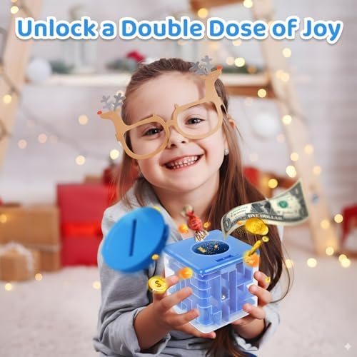 Blue plastic money saving bank cube with metal ball inside the intricate maze paths.