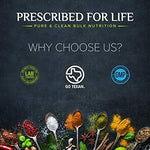 Prescribed For Life bulk nutraceutical powder showing clean non GMO ingredient profile labels