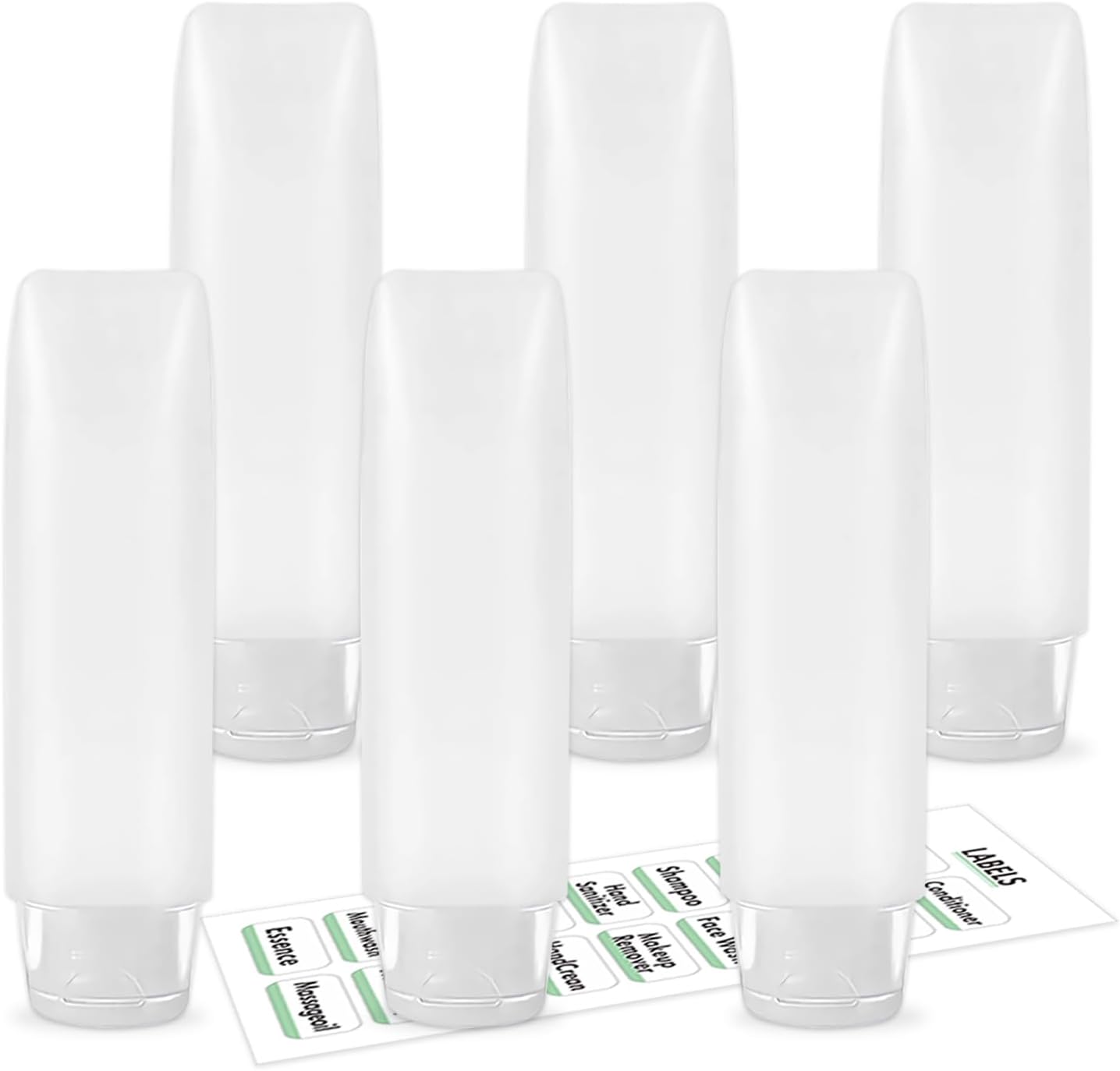Guokoo travel toiletries bottles front view showcasing six clear refillable squeeze containers with labels.