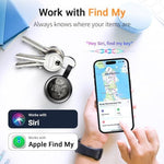 Four pack of transparent iOS smart tags displayed next to an iPhone running the application setup.
