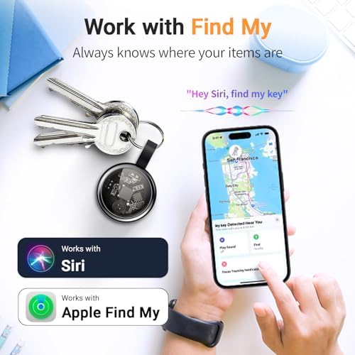 Four pack of transparent iOS smart tags displayed next to an iPhone running the application setup.