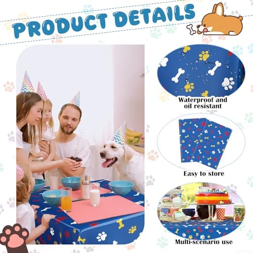 Gilprop dark blue rectangle tablecloth with cartoon dog paw prints spread out fully
