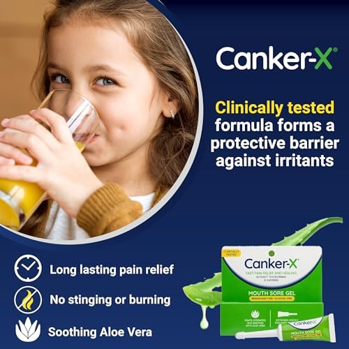 Back view of Canker-X oral gel packaging listing active ingredients like aloe vera and sodium hyaluronate.