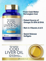 Carlyle Norwegian non GMO gluten free cod liver oil bottle showing EPA and DHA strength details