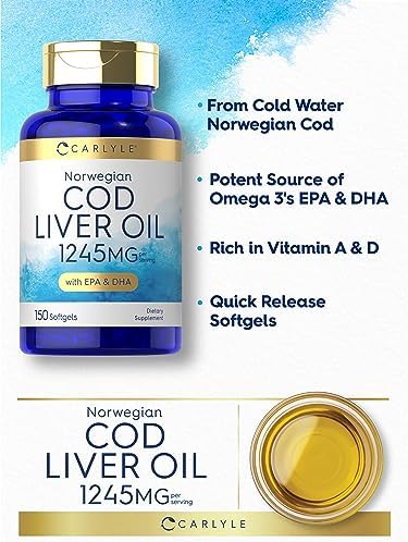 Carlyle Norwegian non GMO gluten free cod liver oil bottle showing EPA and DHA strength details