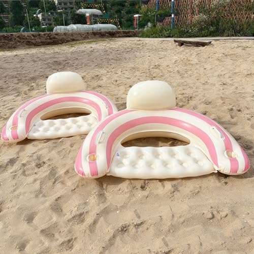 Two striped adult pool floats in blue water