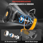 Ohyes compact camping fan base showing the low voltage safety protection housing