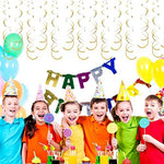 Durable gold plastic party swirls packed flat showing reusability and compact storage setup.