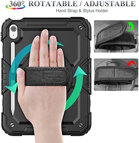SEYMAC stock rugged tablet cover back view displaying the three hundred and sixty degree rotating hand strap and kickstand