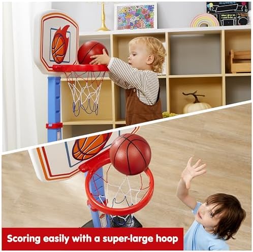 Toddler playing with Joyin basketball hoop indoors