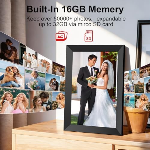 Jaokpo electronic picture frame mounted horizontally on a living room wall displaying vacation memories.