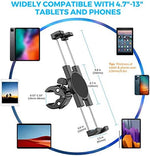 KDD phone and tablet stand installed on a professional microphone music rack showing versatile indoor utility