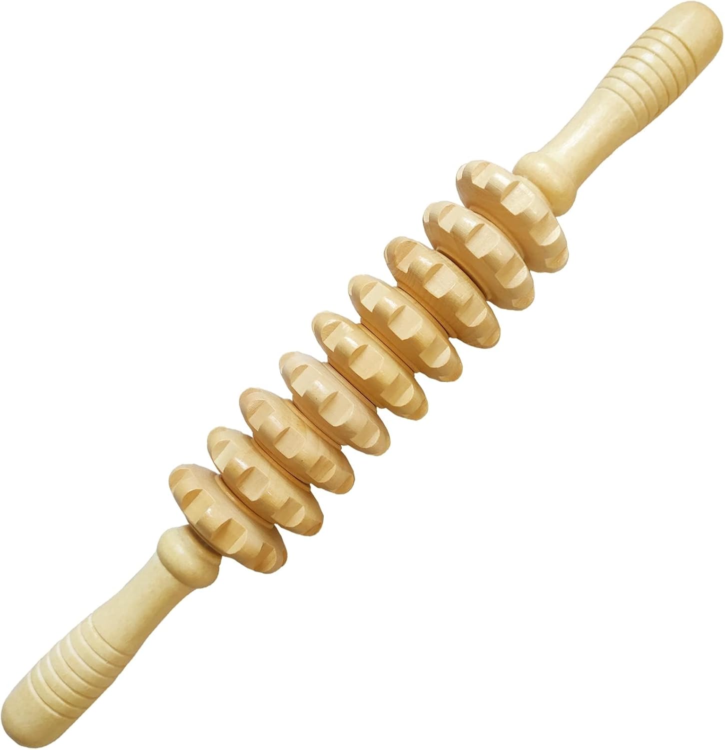 Ctwctr wood therapy massage roller stick front view highlighting the natural beech wood wheels and ergonomic handles.