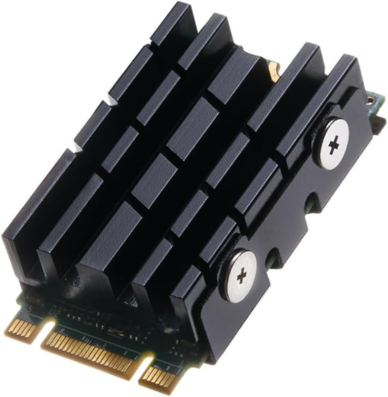 JOYJOM M2 2242 SSD heatsink front view showing grooved aluminum cooling fins.
