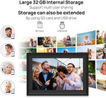 AKImart high definition IPS picture frame mounted vertically on a living room wall