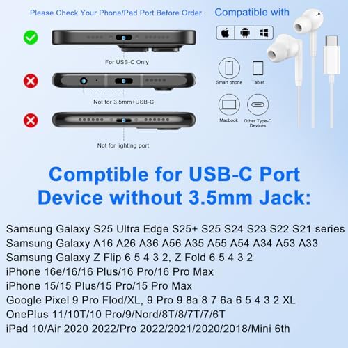 Side profile of Abcpow USB C earbuds for comfort fit
