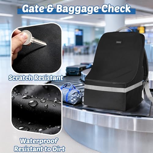 Parent carrying Guiseapue car seat backpack in an airport setting