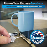 Tamper proof SUS304 stainless steel USB-C blockers resisting data theft on a desktop PC.