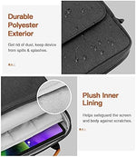 MoKo travel shoulder pouch demonstrating the front zippered pocket filled with organized chargers cables and stylus pens.