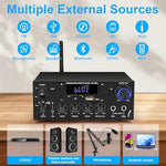 Romicta home theater power receiver displaying dual microphone inputs and dedicated bass and treble adjustments